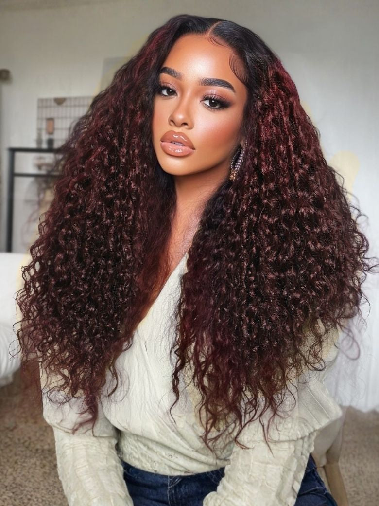 Klaiyi Auburn Re Color 13x4 Pre-Everything™ Lace Frontal Curly Wig with Dark Roots Glueless Wig