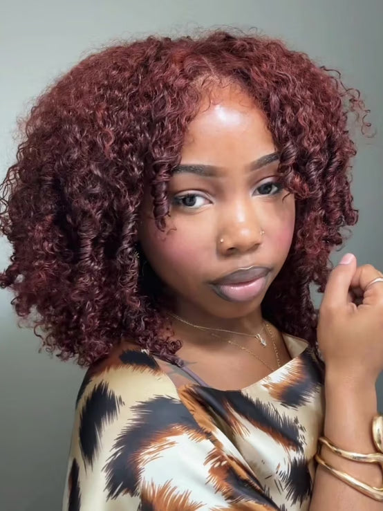 Klaiyi Afro Kinky Curly & Jerry Curly Reddish Brown 200% Density 7x5 Bye Bye Knots Lace Closure Put On and Go Glueless Wig
