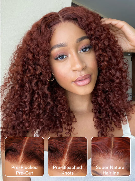 Klaiyi 7x5 Reddish Brown Jerry Curl Put on & Go Wig with Bleach Knots Flash Sale