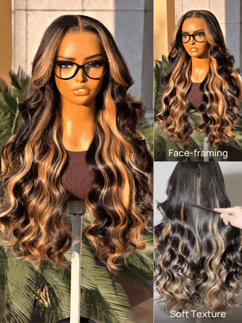 Klaiyi Honey Caramel Highlights Body Wave 7x5 and 13x4 Pre everything Wig Put on and go Glueless Wigs