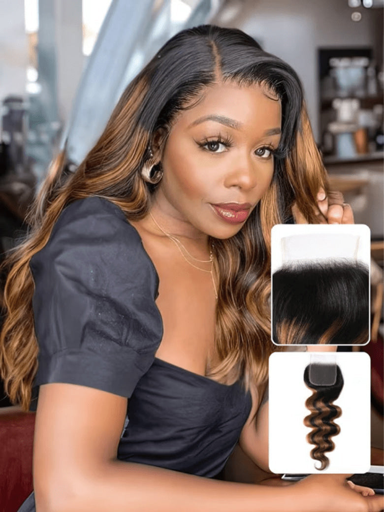 Klaiyi Balayage Hair Color 3 Bundles with Lace Closure Pre Plucked Free Part Highlights Ombre Hair Bundles Body Wave