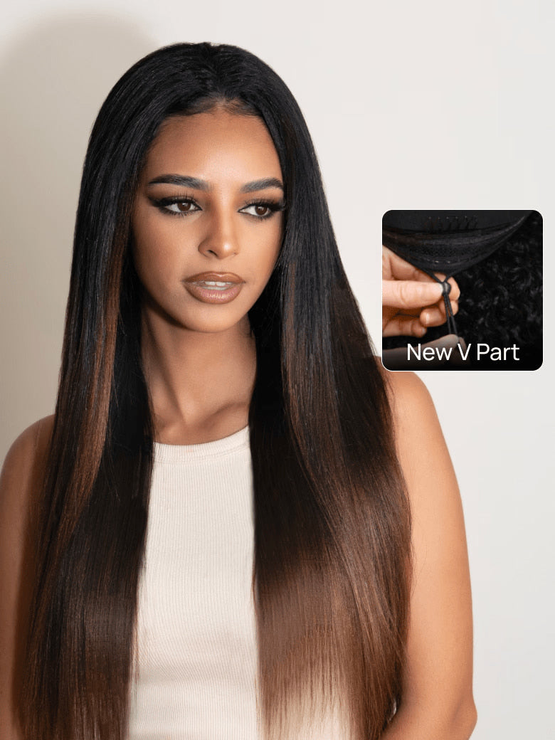 Klaiyi Yaki Straight EasiContour V Part Wigs Human Hair Ombre Chestnut Brown Color Clip in No Sew in No Glue Upgrade U Part Human Hair Wig
