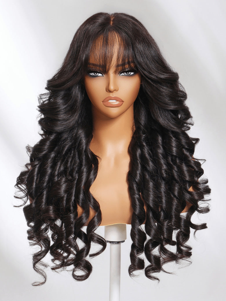 Klaiyi 7x5 and 13x4 3D Fluffy Body Wave Lace Frontal Wig with Curtain Bangs & Layers Pre everything Put on and Go Human Hair Wigs