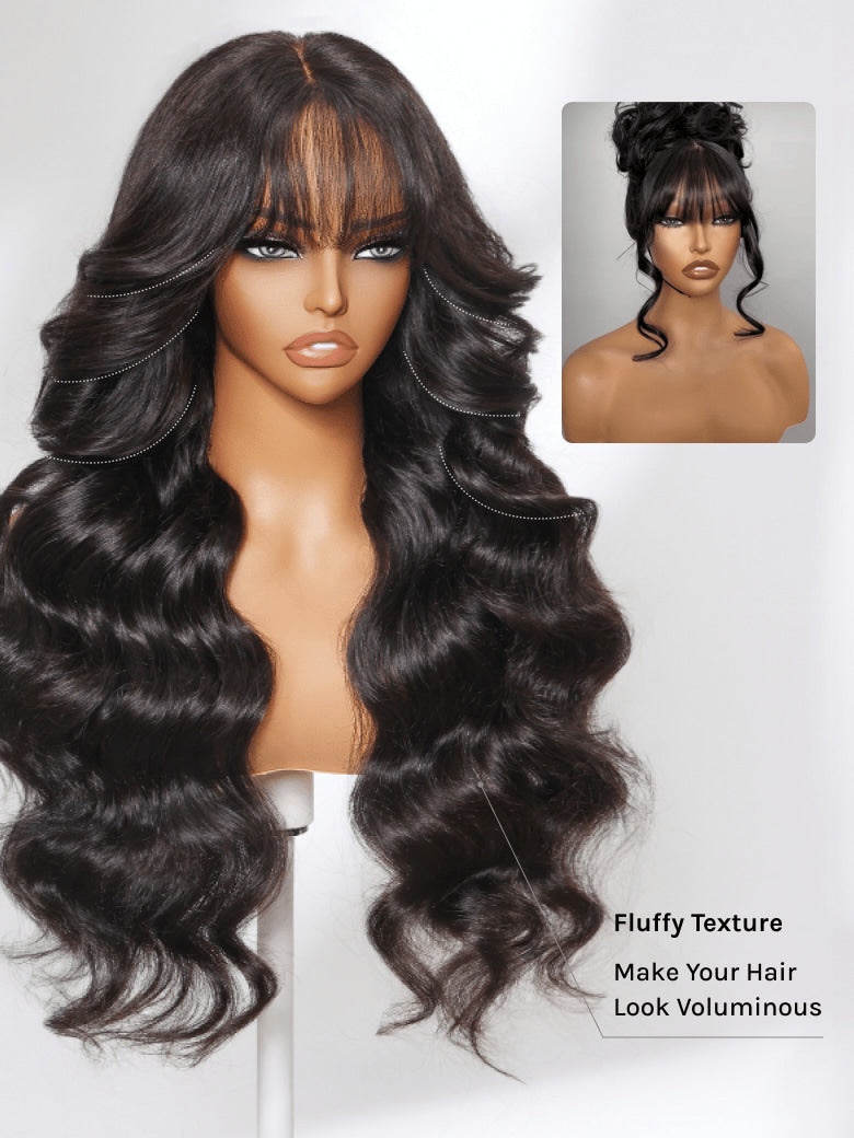 Klaiyi 7x5 and 13x4 3D Fluffy Body Wave Lace Frontal Wig with Curtain Bangs & Layers Pre everything Put on and Go Human Hair Wigs