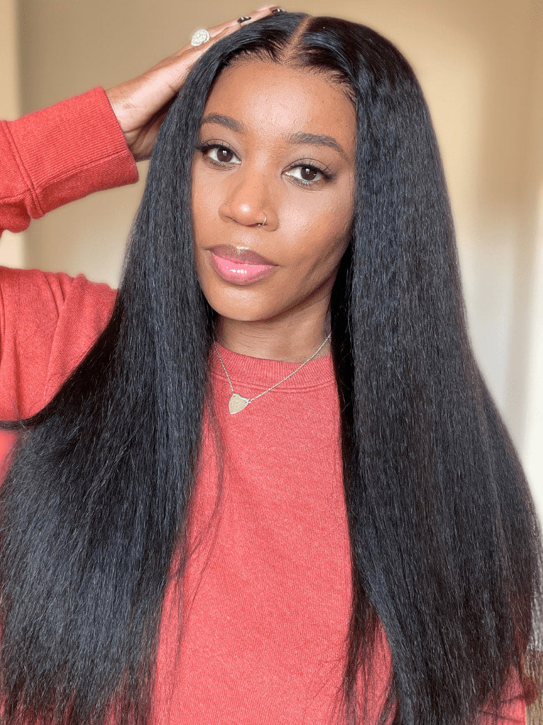 Klaiyi New EasiContour™ Yaki Straight V Part Wig Meets Real Scalp Ready To Wear Glueless Wig with  Invisi Drawstring