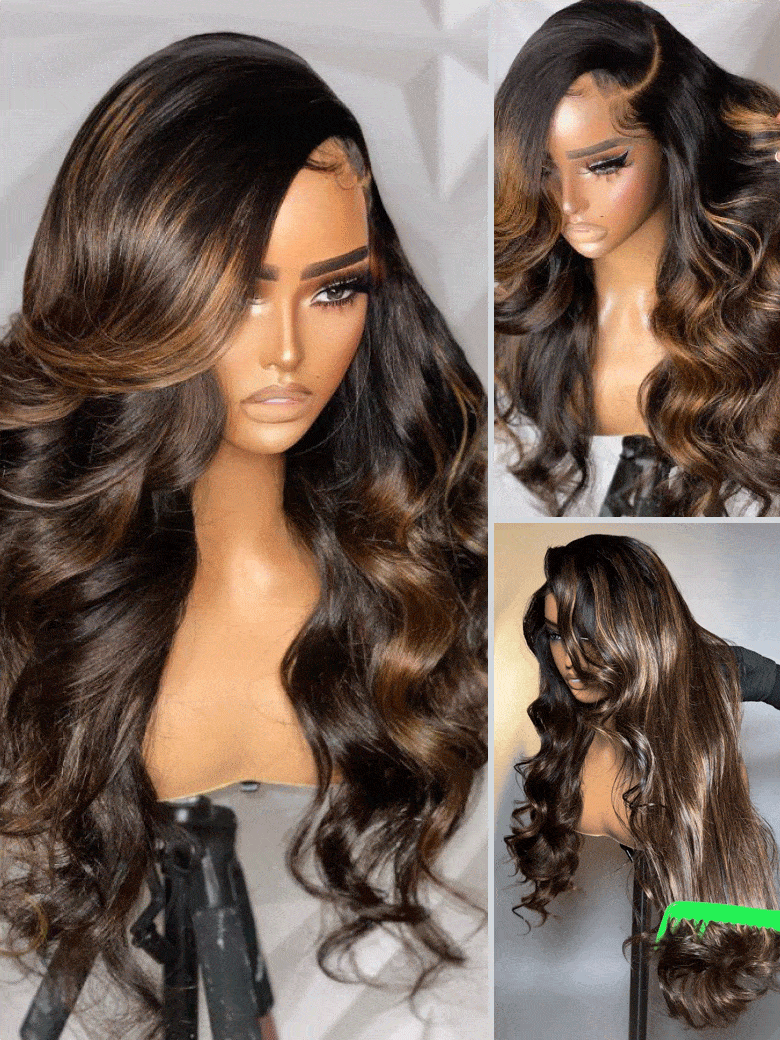 Klaiyi Ombre Brown Balayage Highlight Body Wave 13x4 Pre everything Wig Precolored Glueless Human Hair Lace Wig