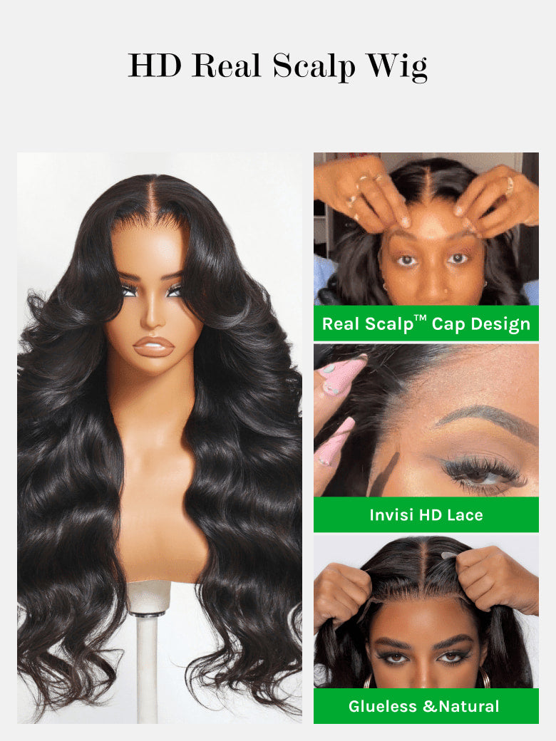 Klaiyi Hair HD Real Scalp™ Wig with Curtain Bangs 13x4 Invisible Lace Frontal Body Wave Wig Natural Black Color
