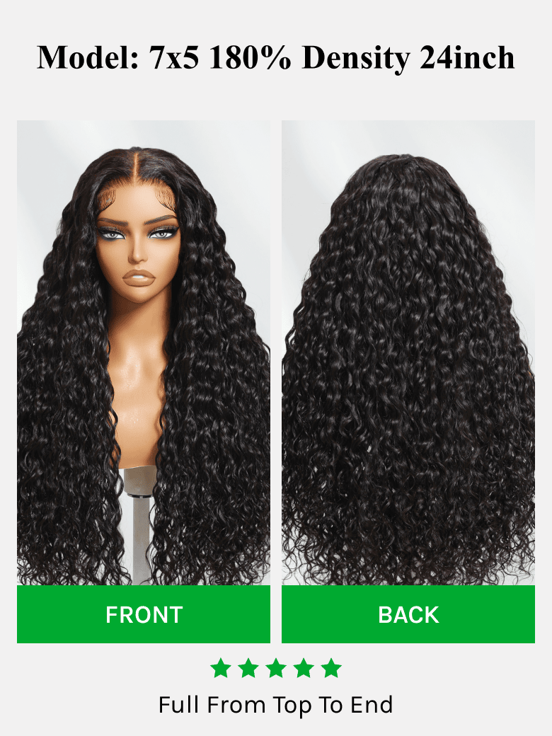 Klaiyi 7x5 & 13x4 No-Slip Cap Glueless Lace Water Wave Wig Put On & Go Human Hair Wig with Baby Hair Lightweight & Breathable