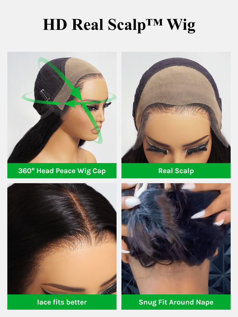 Klaiyi Hair HD Real Scalp™ Wig with Curtain Bangs 13x4 Invisible Lace Frontal Body Wave Wig Natural Black Color