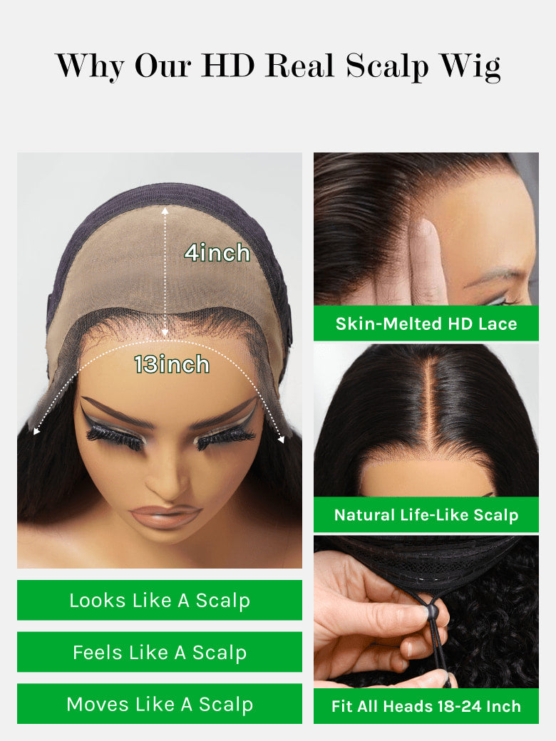 Klaiyi Hair HD Real Scalp™ Wig with Curtain Bangs 13x4 Invisible Lace Frontal Body Wave Wig Natural Black Color