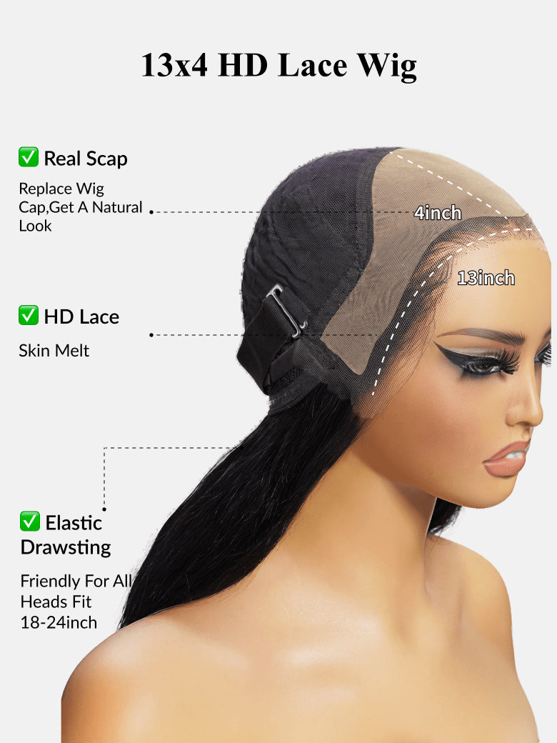 Klaiyi Hair HD Real Scalp™ Wig with Curtain Bangs 13x4 Invisible Lace Frontal Body Wave Wig Natural Black Color