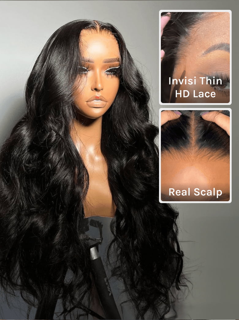 Klaiyi Hair HD Real Scalp™ Wig with Curtain Bangs 13x4 Invisible Lace Frontal Body Wave Wig Natural Black Color