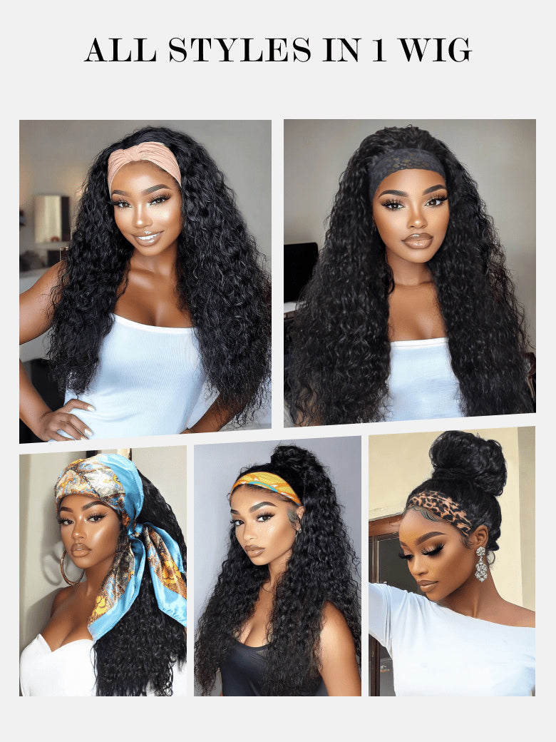 Klaiyi Hair HookFit Water Wave Headband Glueless Human Hair Wig With Invisi Drawstring