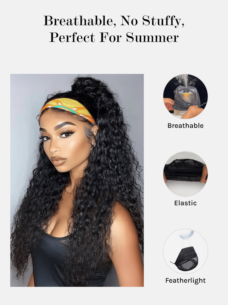 Klaiyi Hair HookFit Water Wave Headband Glueless Human Hair Wig With Invisi Drawstring