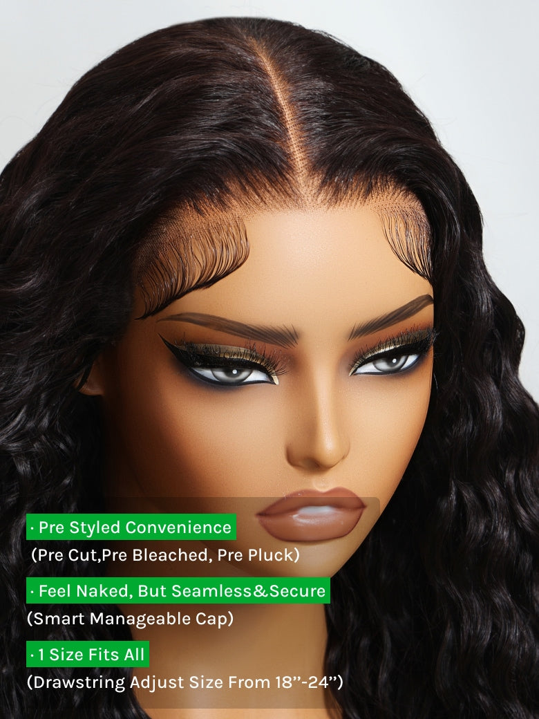 Klaiyi 7x5 & 13x4 No-Slip Cap Glueless Lace Water Wave Wig Put On & Go Human Hair Wig with Baby Hair Lightweight & Breathable
