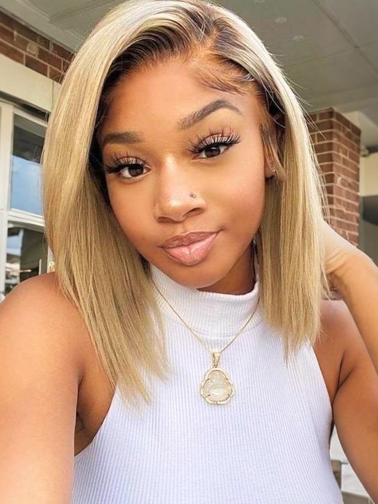 Klaiyi Tres Leches Blonde with Brown Root Bob Wigs Salt and pepper Hair Short Straight Bye-Bye Knots Wig Flash Sale