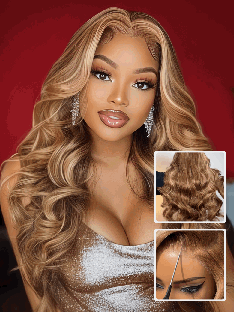 Klaiyi Ombre Highlight Blonde Body Wave 7x5 Bye Bye Knots Lace Wig Human Hair Put on and go Wigs