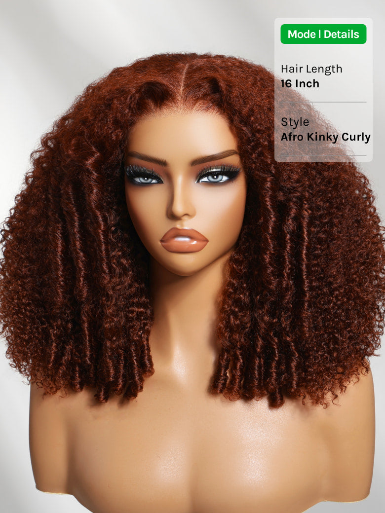 Klaiyi Afro Kinky Curly & Jerry Curly Reddish Brown 200% Density 7x5 Bye Bye Knots Lace Closure Put On and Go Glueless Wig
