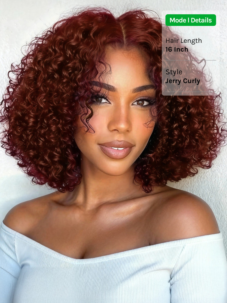 Klaiyi Reddish Brown Jerry Curly 7x5 Bye Bye Knots Human Hair Wig Put On and Go Glueless Lace Wig