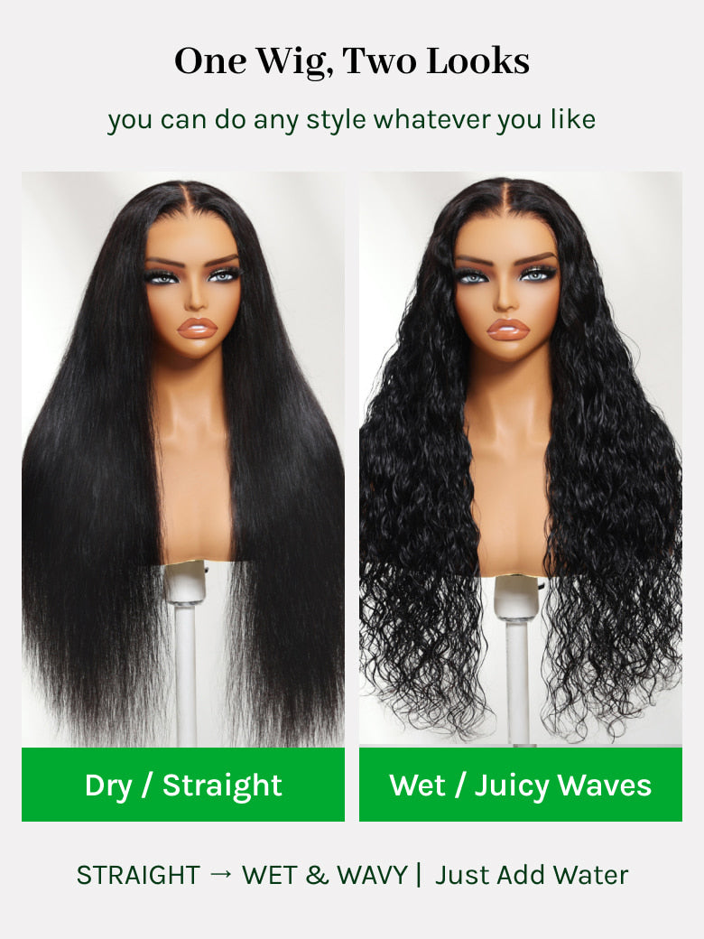 Klaiyi 7x5 & 13x4 No-Slip Cap Glueless Lace Water Wave Wig Put On & Go Human Hair Wig with Baby Hair Lightweight & Breathable