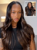 Klaiyi Yaki Straight EasiContour V Part Wigs Human Hair Ombre Chestnut Brown Color Clip in No Sew in No Glue Upgrade U Part Human Hair Wig