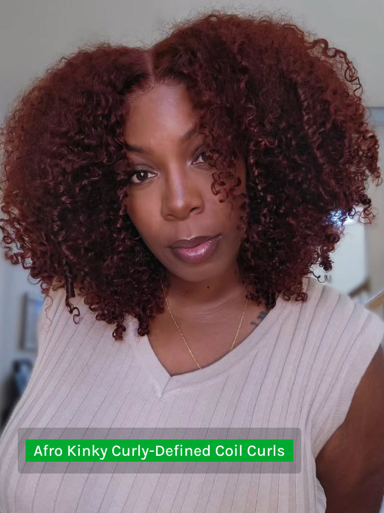 Klaiyi Afro Kinky Curly & Jerry Curly Reddish Brown 200% Density 7x5 Bye Bye Knots Lace Closure Put On and Go Glueless Wig