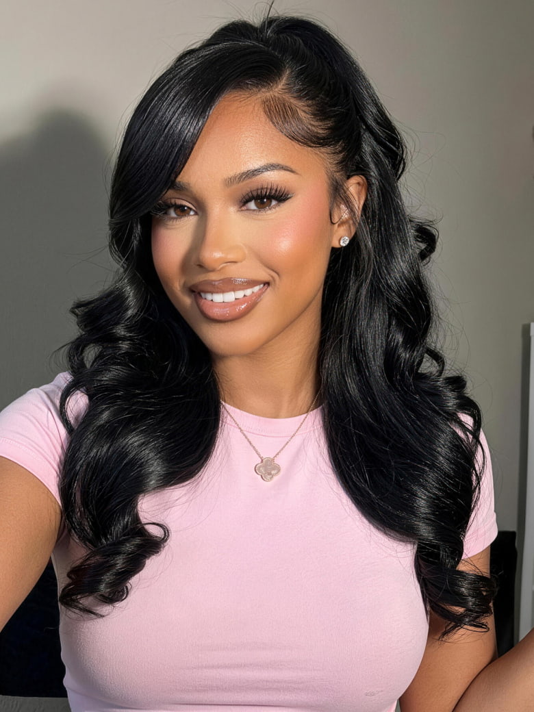 Klaiyi 13x4 Pre Everything Loose Body Wave Glueless Frontal Wig With Elastic Drawstring Human Hair Wig Flash Sale