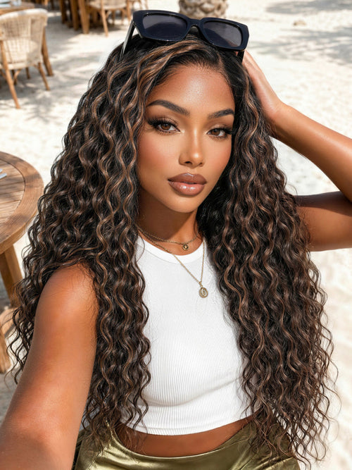 Klaiyi 7x5 Golden Brown Highlight Water Wave Bye Bye Knots Lace Closure Wig 150% Density