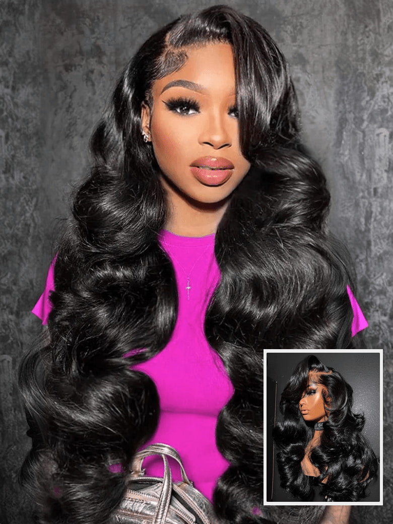 Klaiyi Hair HD Real Scalp™ Wig with Curtain Bangs 13x4 Invisible Lace Frontal Body Wave Wig Natural Black Color