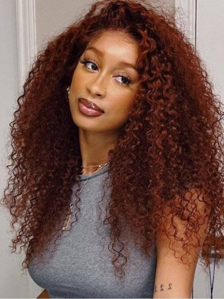 Klaiyi Reddish Brown Jerry Curly 7x5 Bye Bye Knots Human Hair Wig Put On and Go Glueless Lace Wig