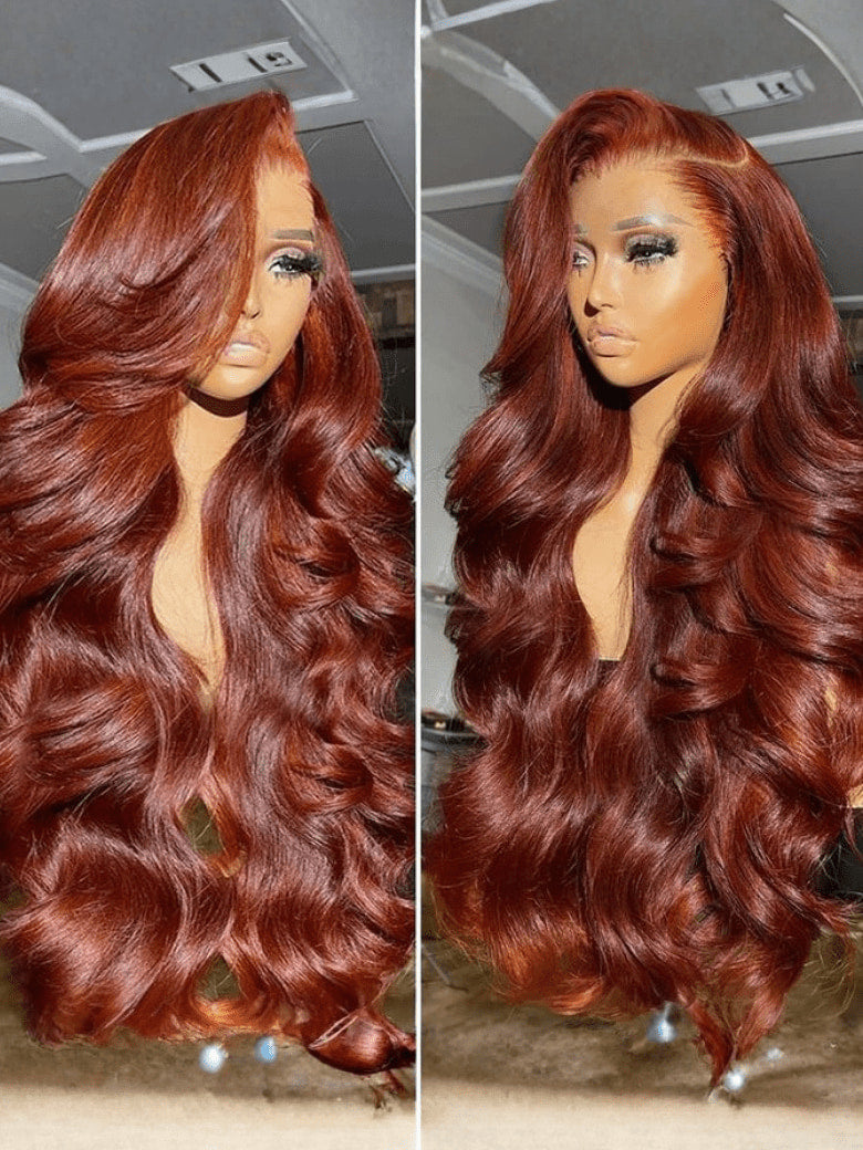 Klaiyi Brunette Auburn Copper 7x5 Pre everything Lace Frontal Wig Body Wave Virgin Human Hair Reddish Brown Color