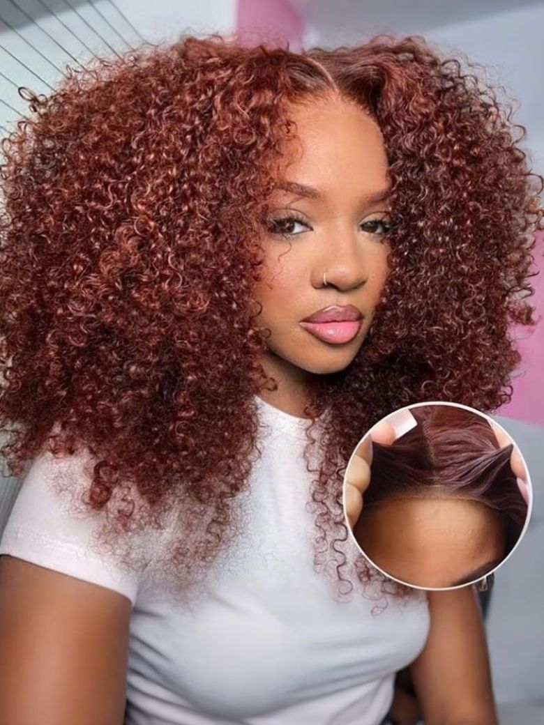 Klaiyi 7x5 Reddish Brown Jerry Curl Put on & Go Wig with Bleach Knots Flash Sale