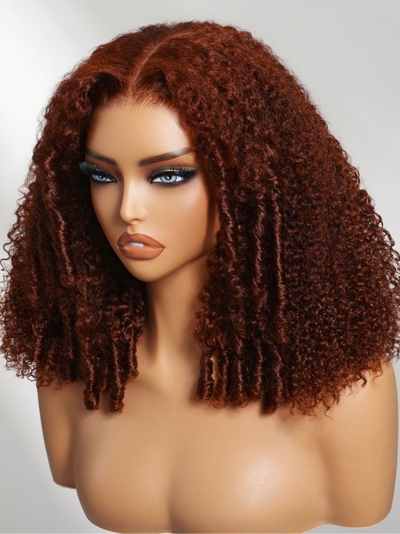 Klaiyi Afro Kinky Curly & Jerry Curly Reddish Brown 200% Density 7x5 Bye Bye Knots Lace Closure Put On and Go Glueless Wig