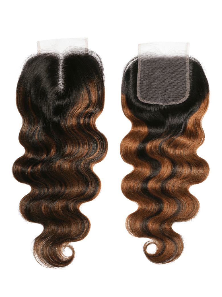Klaiyi Balayage Hair Color 3 Bundles with Lace Closure Pre Plucked Free Part Highlights Ombre Hair Bundles Body Wave