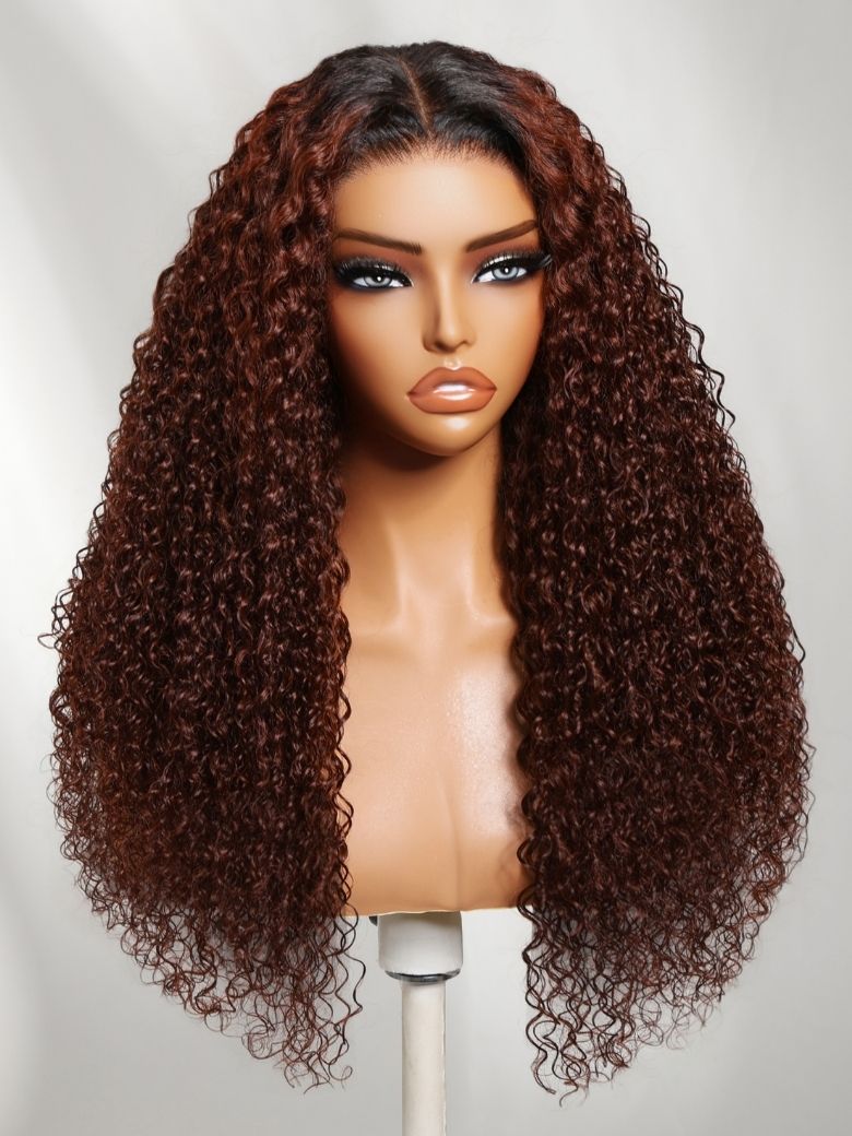 Klaiyi Auburn Re Color 13x4 Pre-Everything™ Lace Frontal Curly Wig with Dark Roots Glueless Wig