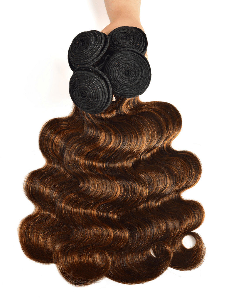 Klaiyi Balayage Hair Color 3 Bundles with Lace Closure Pre Plucked Free Part Highlights Ombre Hair Bundles Body Wave