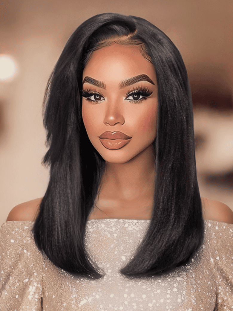 Klaiyi Yaki Straight Silk Press Bob Wig With Side Bangs 7x5 Pre-Bleached Natural Looking Glueless Wig Human Hair
