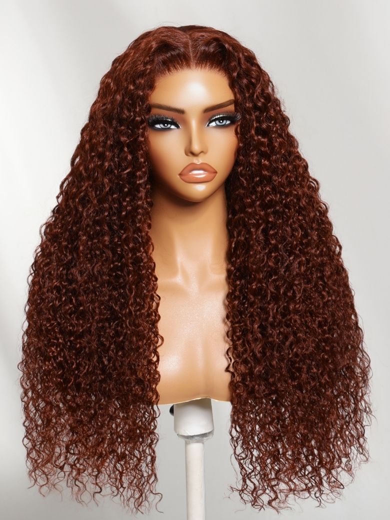 Klaiyi Afro Kinky Curly & Jerry Curly Reddish Brown 200% Density 7x5 Bye Bye Knots Lace Closure Put On and Go Glueless Wig