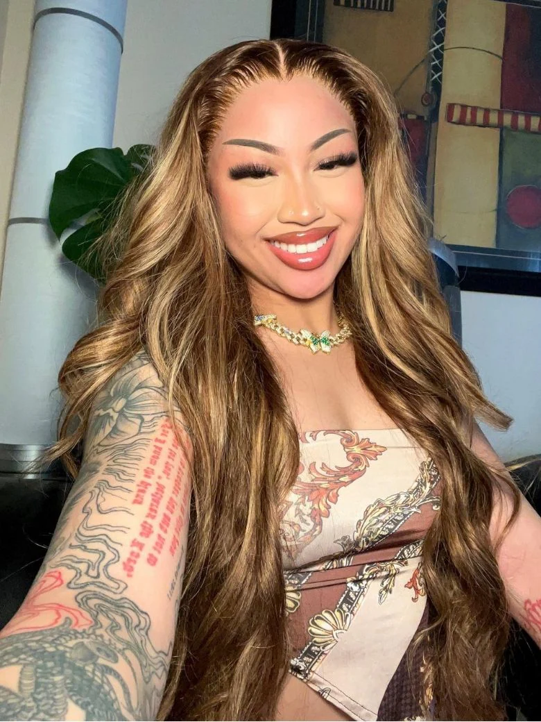 Klaiyi Ombre Highlight Blonde Body Wave 7x5 Bye Bye Knots Lace Wig Human Hair Put on and go Wigs