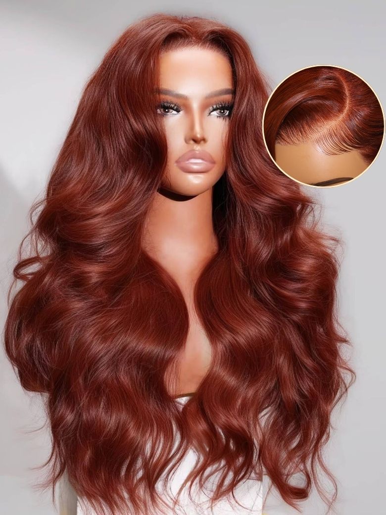 Klaiyi Brunette Auburn Copper 7x5 Pre everything Lace Frontal Wig Body Wave Virgin Human Hair Reddish Brown Color