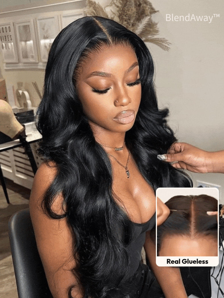 Klaiyi Hair HD Real Scalp™ Wig with Curtain Bangs 13x4 Invisible Lace Frontal Body Wave Wig Natural Black Color