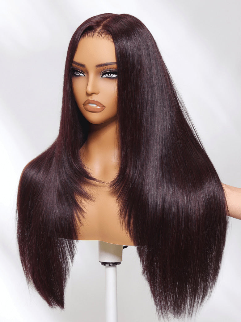Klaiyi Black Cherry Layered Cut Straight/Loose Wave 7x5 and 13x4 Pre-Everything Lace Frontal Wig Put on and Go Glueless Wig