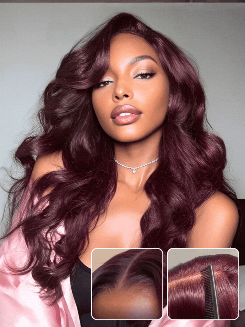 Klaiyi Black Cherry Layered Cut Straight/Loose Wave 7x5 and 13x4 Pre-Everything Lace Frontal Wig Put on and Go Glueless Wig