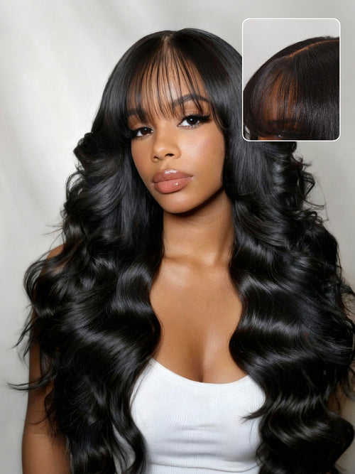 Klaiyi 7x5 and 13x4 3D Fluffy Body Wave Lace Frontal Wig with Curtain Bangs & Layers Pre everything Put on and Go Human Hair Wigs