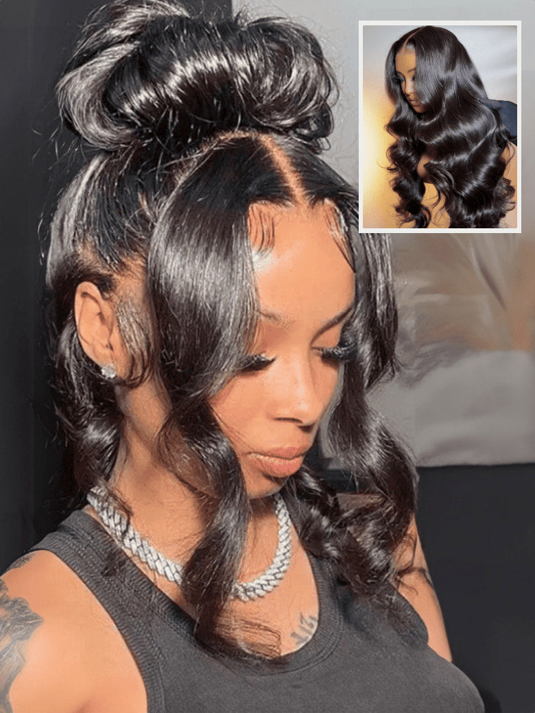 Klaiyi Hair HD Real Scalp™ Wig with Curtain Bangs 13x4 Invisible Lace Frontal Body Wave Wig Natural Black Color