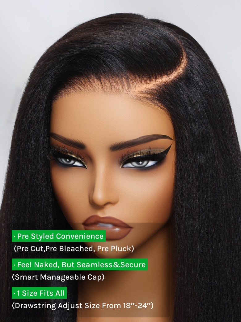 Klaiyi Yaki Straight Silk Press Bob Wig With Side Bangs 7x5 Pre-Bleached Natural Looking Glueless Wig Human Hair