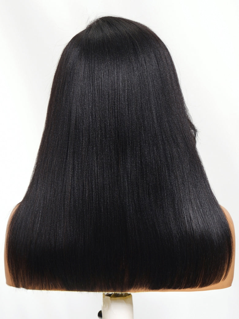 Klaiyi Yaki Straight Silk Press Bob Wig With Side Bangs 7x5 Pre-Bleached Natural Looking Glueless Wig Human Hair