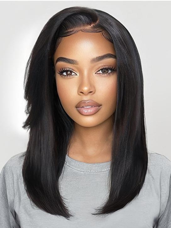 Klaiyi Yaki Straight Silk Press Bob Wig With Side Bangs 7x5 Pre-Bleached Natural Looking Glueless Wig Human Hair