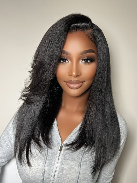Klaiyi Yaki Straight Silk Press Bob Wig With Side Bangs 7x5 Pre-Bleached Natural Looking Glueless Wig Human Hair