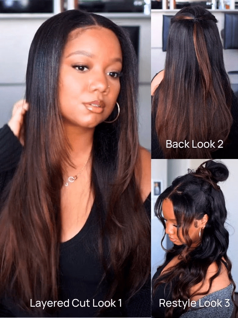 Klaiyi Yaki Straight EasiContour V Part Wigs Human Hair Ombre Chestnut Brown Color Clip in No Sew in No Glue Upgrade U Part Human Hair Wig